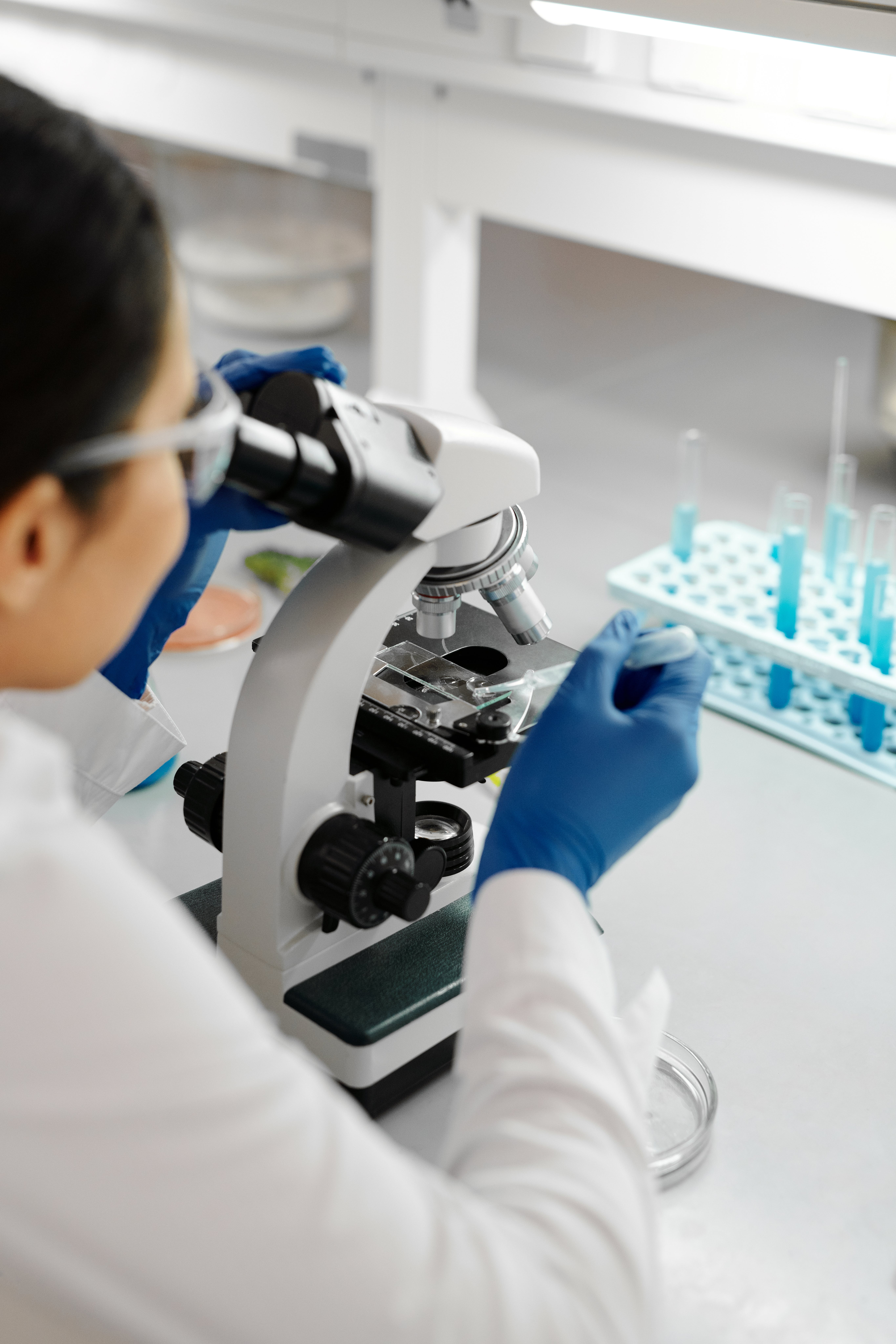 person looking at a slide through a microscope